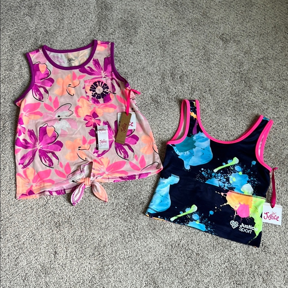 Justice Girls' Pink Floral and Blue Abstract Tank Tops 7/8